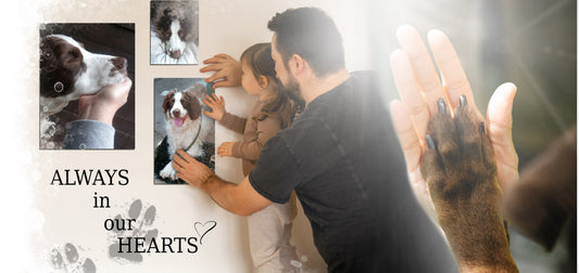 father and daughter hanging photos of lost dog on a wall, with a hand holding a paw