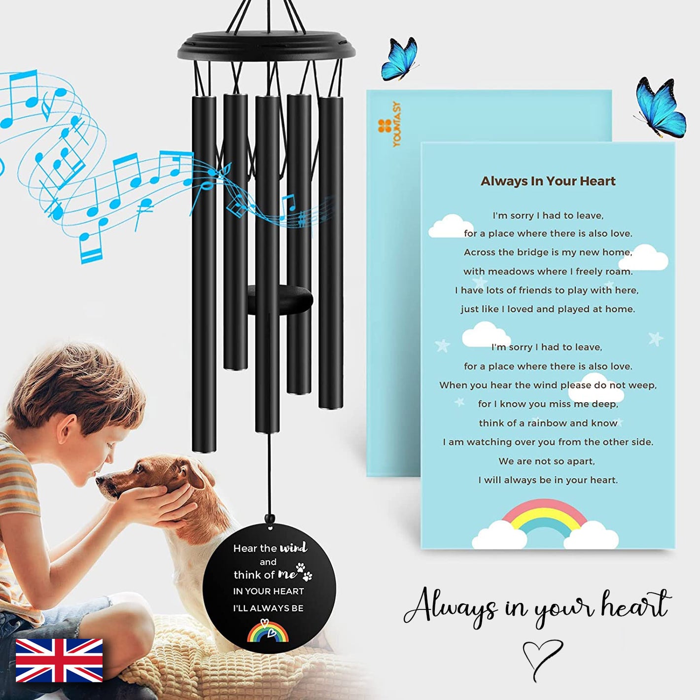 YOUNTASY Pet Memorial Wind Chime, Rainbow Bridge Pet Memorial Gifts, Pet Loss Gifts, Dog/Pet Memorial, Dog Remembrance Gift in Memory of Dog Passing Away, 35", Pet Loss Sympathy/Memorial Gifts